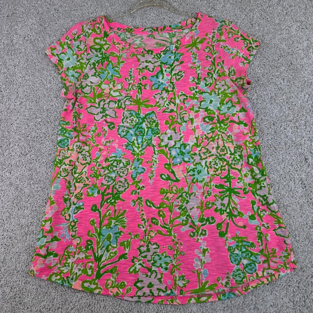 Lilly Pulitzer Etta Southern Charm Pink Floral Slub Knit T-Shirt Size S Cotton